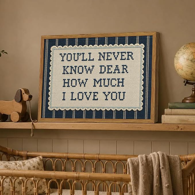 Framed You'll Never Know Dear How Much I Love You Wall Art, Vintage Nursery Blue Striped Pictures Wall Decor, Inspirational Quote Paintings Canvas Prints for Baby Boy Bedroom Living Room 12x16 inch
