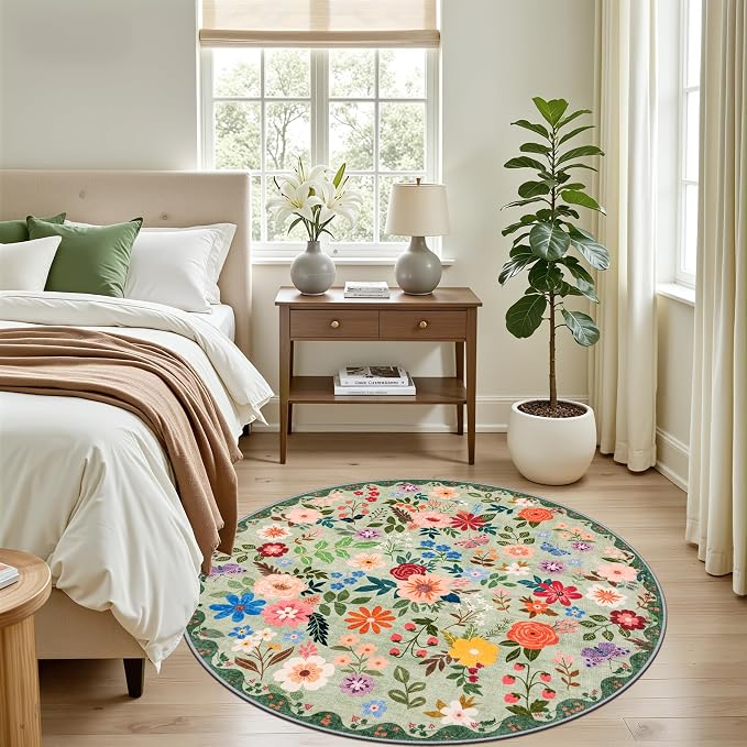 PLHXFR Round Area Rug Living Room: 4 ft Floral Washable Soft Carpet Green | For Bedroom Dining Room Farmhouse Nursery Hallway,Vintage Floral,Machine washable,Non Slip,Stain Resistant,Large Indoor