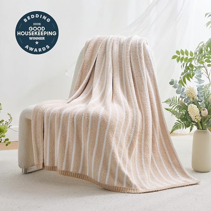 Snuggle Sac Ultra Soft Beige Throw Blanket for Couch, Reversible Cozy Knitted Ribbed Blanket for Sofa, Bed, Home Decor 50"x60"
