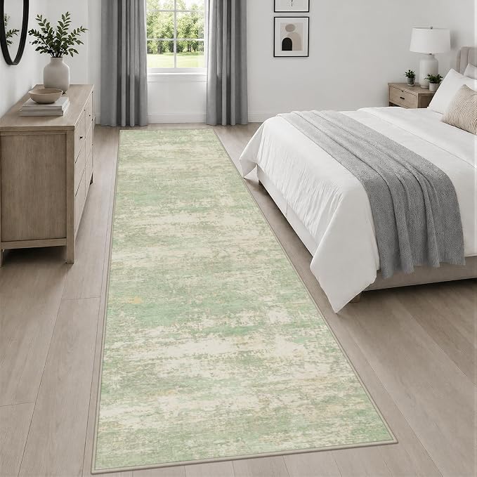 3x14 Washable Runner Rug：Modern Abstract Soft Carpet Green Cream | For Hallway, Bedroom, Kitchen, Laundry, Bathroom,Door Mat,Modern Abstract,Machine washable,Non-Slip,Stain Resistant,Indoor