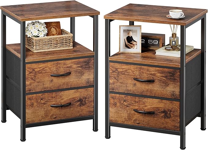 Huuger Night Stand Set of 2, Nightstand with 2 Drawers, Bedside Table | Open Shelf, Wooden Top, End Table, Fabric Drawer, for Bedroom, Living Room, Rustic Brown