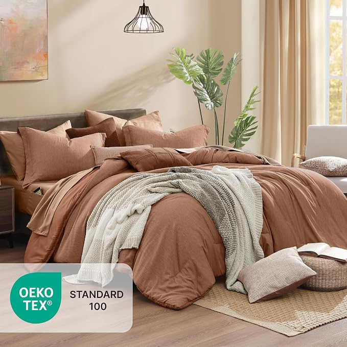 Monbix Oversized Queen Comforter Set 7 Pieces Autumn Leaf Bed in a Bag | Cationic Dyeing Reversible All Season Bedding Sets with Comforter, Sheets, Pillowcases & Shams