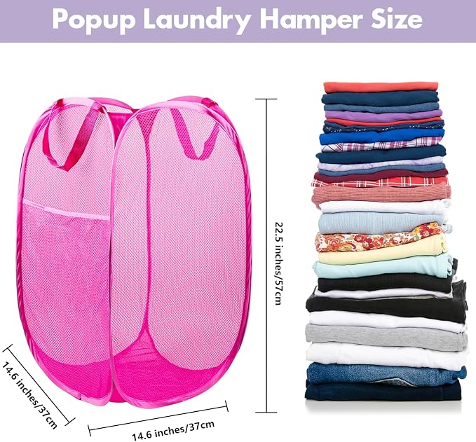 Pop Up Laundry Hamper, 70 L Collapsible Mesh Basket with Side Pocket, Pink | Reinforced handles, breathable fabric, foldable, portable for dorm college travel camping cruise, dirty clothes, toys storage