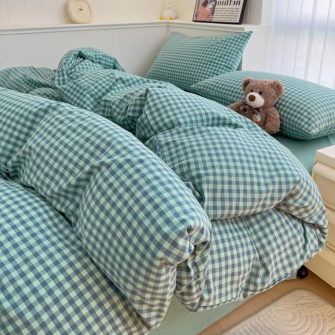 LifeTB Twin XL Comforter Set Green Gingham Comforter for Men Boys Geometric Plaid Comforter Set Fluffy Soft Plaid Gingham Bedding Set Green Blue Grid Checkered Pattern Comforter with 2 Pillowcases