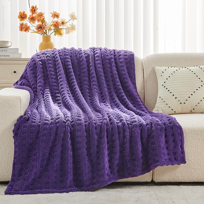 NEWCOSPLAY 3D Waffle Checkered Flannel Twin Blanket, Dark Purple, 60"x80" | Super Soft Cute Lightweight Decorative Premium Silky Fleece Blanket for Couch Sofa Bed, Gift for Women Men, All Season Use