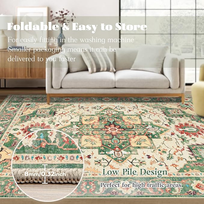 Area Rug 8x10 Washable Rug, Vintage Boho Medallion Rugs Non-Slip Soft Low Pile Large Distressed Rug Indoor Retro Carpet for Living Room Bedroom Dining Room Home Office (Green Beige, 8'x10')