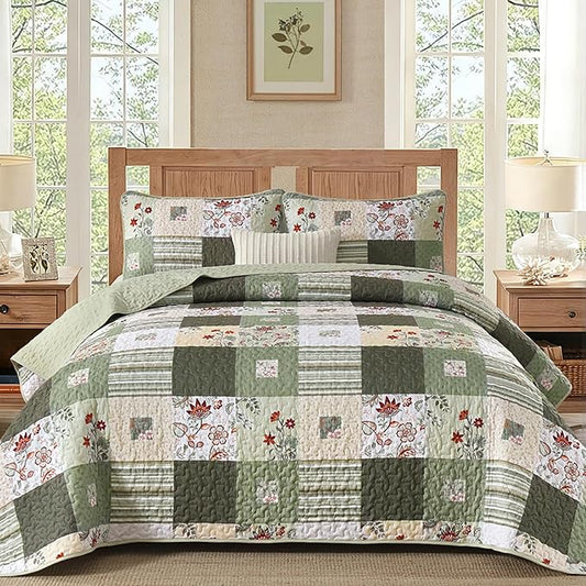 Anibedding Patchwork Quilt Set Queen Size, Green Floral Plaid Bedspread | 3 Pcs Country Floral Coverlet Set, Soft Lighweight Farmhouse Quilt Bedding Set 3 Pieces for All Season, 96''x90''