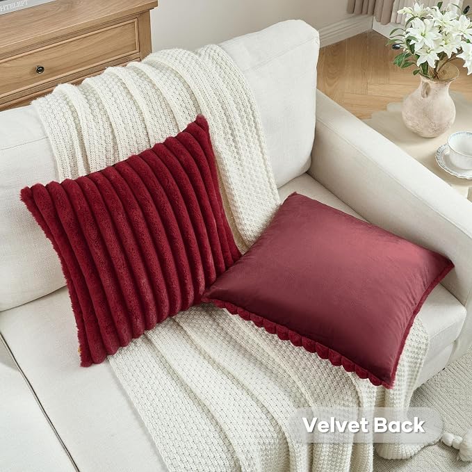 FUTEI Pack of 2 Faux Fur Throw Pillow Covers 18x18 Inch, Burgundy | Fluffy Faux Rabbit Fur Front/Premium Velvet Back,Hidden Zipper,Machine Washable,Non-Shedding,Colorfast,Insert Not Included.