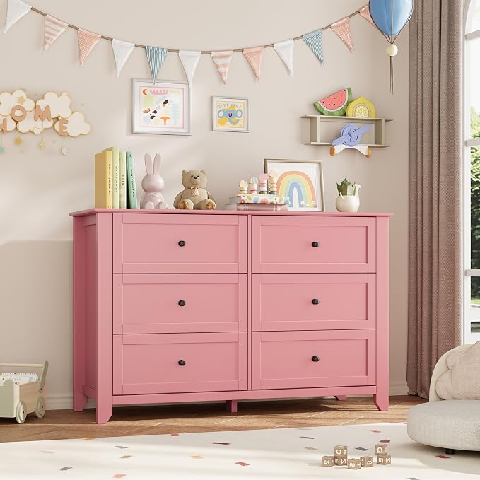 Garvee 6 Drawer Dresser for Bedroom, 47.2" Wide Modern Large Chest of Drawers with Metal Knobs, Wooden Clothes Storage Organizer for Closet, Nursery, Living Room, Apartment, Pink | Lacquered Finish, Metal Knobs, Clothes Storage Organizer for Closet, Nu...