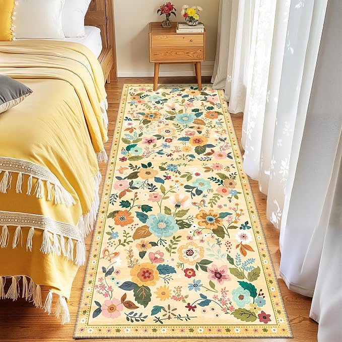 Floral Washable 2x6 Area Rugs Runner Entryway Hallway Yellow/Orange | Flower Carpet, Print, Boho, Non-Slip, Easy to Clean, Low Pile, Soft, for Living Room Bedroom Kitchen Office Entrance