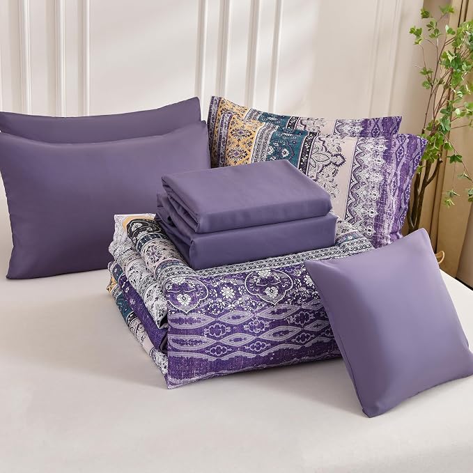 Cottolester Boho Comforter Set California King Size 8 Pieces,Violet Bohemian Striped Bed in a Bag, Paisley Soft Microfiber Bedding Comforter Set