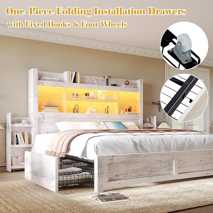 LUXOAK California King Bed Frame with Storage, Distressed White | 49.6" Headboard, Wood Platform Bed, Charging Station, Bedside Storage, 4 Storage Drawers, No Box Spring Needed, Farmhouse