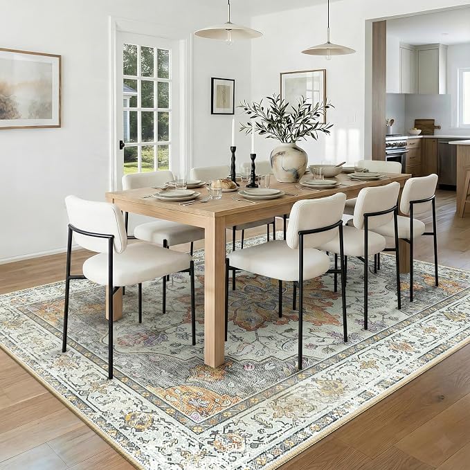 RELEANY Washable Area Rug, 8'x10', Beige/Carbon Grey/Orange | Non-Slip, Water Repellent, Pet Friendly, Easy to Clean, Vintage Floral Boho Decor for Living Room Bedroom Dining Room