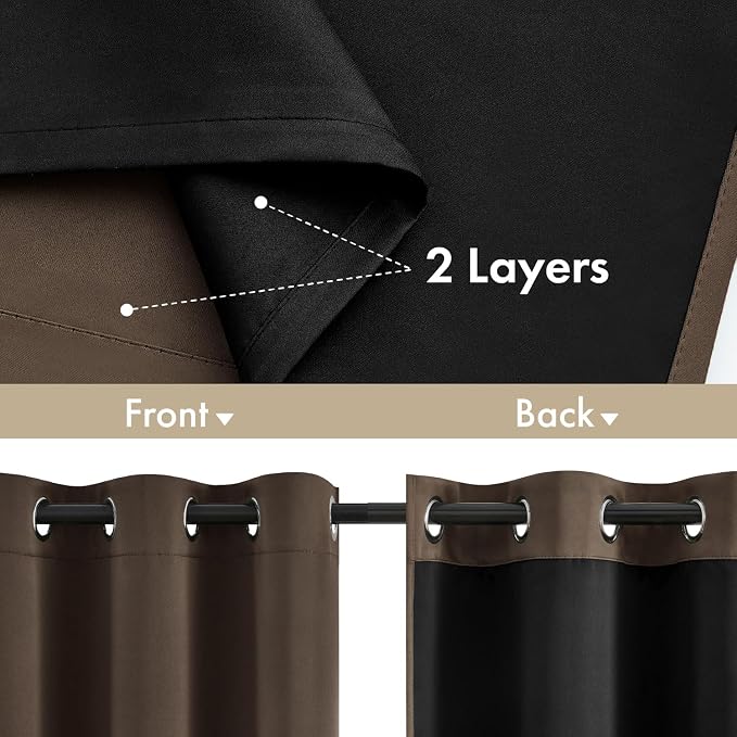 MIULEE Chocolate Brown 100% Blackout Curtains for Bedroom 40x72 Inch Long | 2 Thick Layers Thermal Insulated Window Curtains with Black Liner, Noise Reducing Grommet, Drapes for Living Room, 2 Panels
