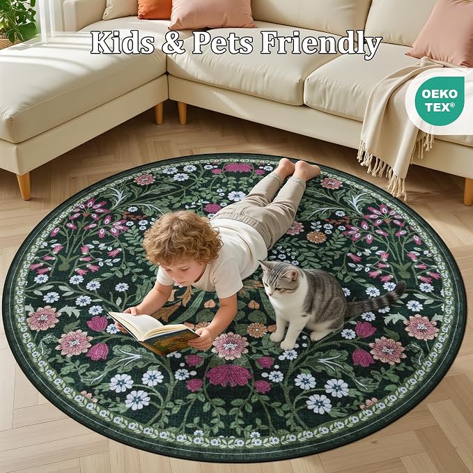 PLHXFR Round Area Rug Living Room: 6 ft Floral Washable Carpet Dark Green | For Bedroom Dining Room Farmhouse Nursery Hallway,Vintage Floral,Machine washable,Non Slip,Stain Resistant,Large Indoor