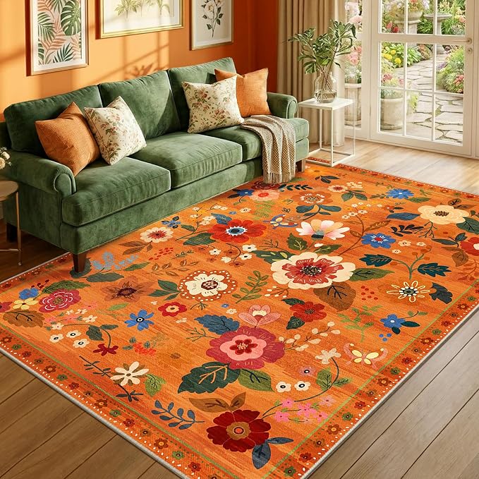 RELEANY Floral Washable 6x9 Area Rugs BurntOrange | Flower Carpet, Print, Boho, Non-Slip, Easy to Clean, Soft, Low Pile for Living Room Bedroom Kitchen Office Entryway Hallway