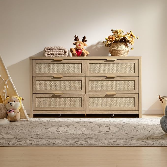 SICOTAS Rattan Dresser for Bedroom, 57" Wide 6 Drawer Dresser | Dressers with Ample Storage, Large Chest of Drawers, Closet, Boho TV Stand for Bedroom, Reclaimed Light Oak, 1 Piece