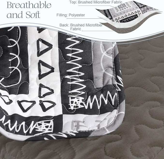 Exclusivo Mezcla Reversible Boho Quilts Full Size Black | Lightweight Soft Bedspreads, All Season Patchwork Coverlet Bedding Set, Printed Floral Pattern, 1 Quilt and 2 Pillow Shams