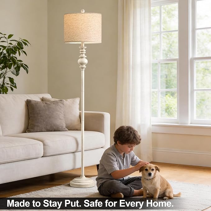 BOBOMOMO 64.25" Farmhouse Floor Lamp for Living Room Bedroom, Tall Antique White Standing Lamp with Rotary Switch, Vintage Corner Floor Lamp for Living Room & Office, Rustic Home Decor
