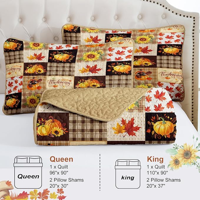 Fall Patchwork Quilt Set Queen, 3 Pieces Thanksgiving Bedding Set Brown | Sunflower Maple Leaves Pumpkin Pattern Bedspread, Soft Lightweight Microfiber Autumn Coverlet with 2 Pillow Shams (96"x90")
