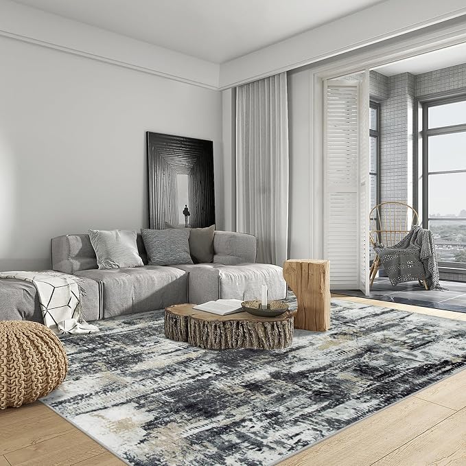 8x10 Area Rugs for Living Room: Washable Abstract Black Grey Gold Carpet | Non-slip TPE backing makes this washable soft low-pile rug safe & durable, Pet-friendly decor for dining room,nursery,office