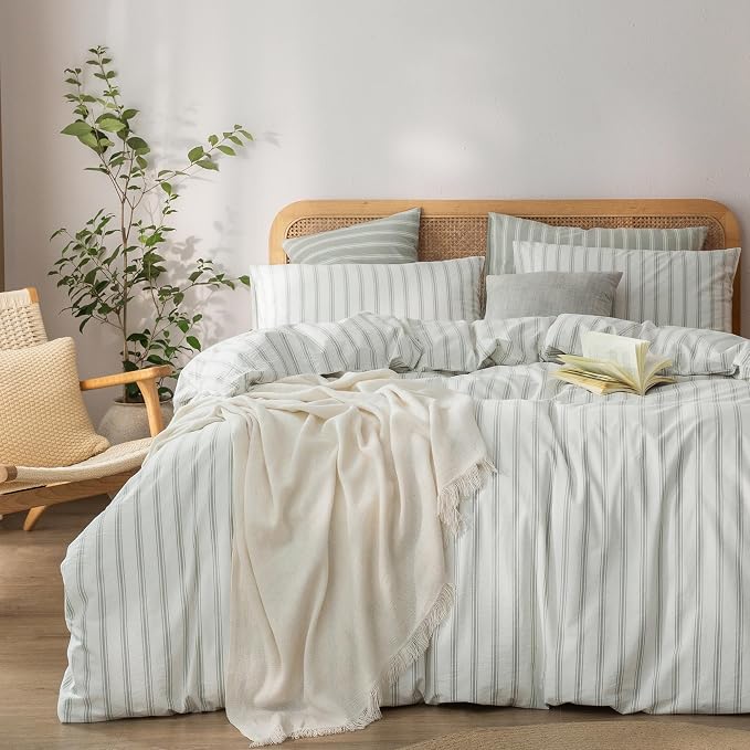 BESTOUCH Striped Cotton Duvet Cover Set Linen Feel Super King | 100% Washed Cotton, Soft Wrinkle Texture, Hidden Zipper, 8 Ties, Breathable Lightweight Durable Comfy, 3 Pcs No Insert