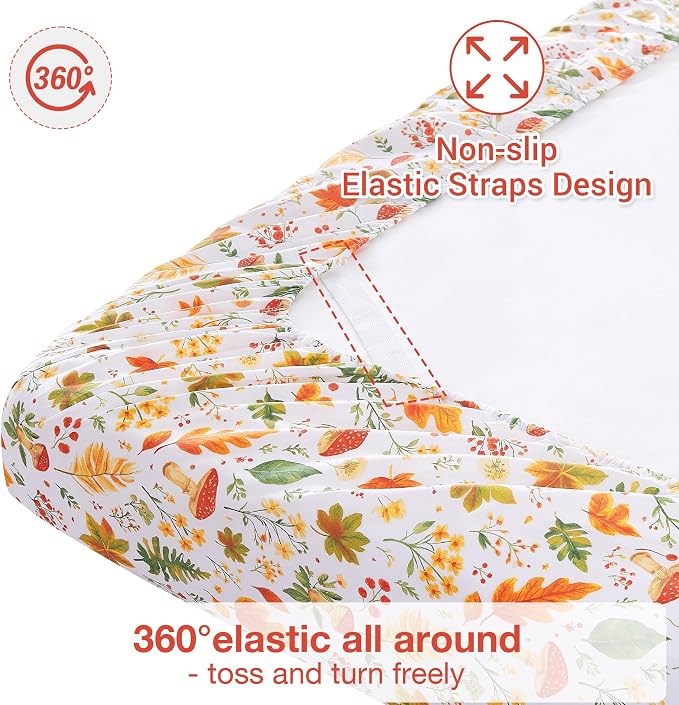 Softan Orange Floral Queen Size Sheet Set, Printed Microfiber Fitted Sheet with 15" Deep Pockets & Non-Slip Straps, Maple Leaves & Mushroom Patterned Bedding Sheets & Pillowcase Set