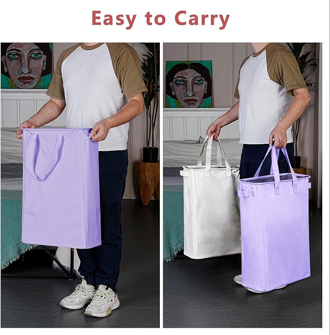 efluky Slim Laundry Basket, Narrow Laundry Hamper with Handles, Collapsible Dirty Clothes Hamper, Tall Laundry Bin for Laundry Room, Dorm and Bedroom, 12.7 Gallons(48L) Light Purple