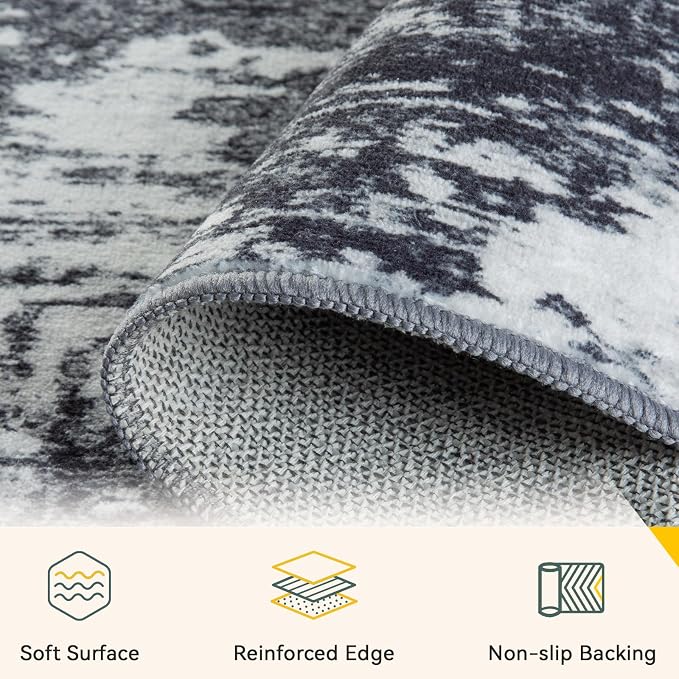 RELEANY Washable Runner 2'x6' Abstract Area Rug for Hallway Black White | Carpet for Kitchen, Entryway, Bathroom, Living Room, Bedroom, Printed Pattern, Non‑Slip, Soft, Stain‑Resistant, Easy to Clean