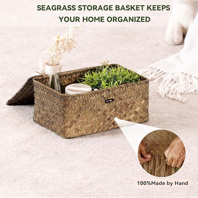 Nonam Seagrass Storage Baskets with Lid Set of 3,Wicker Basket Storage Bin for Shelves,Rectangular,Boho Decor,Handwoven Shelf Basket for Organizing-Storage Container Box for Home Organization-Coffee
