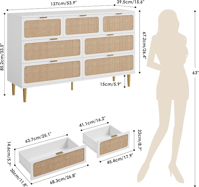 GarveeHome Rattan 7 Drawer Dressers for Bedroom, Deep Drawer, White | Tall Dresser, Wide Top, for Living Room, Hallway, Kids Room, Large Chest of Drawers for Closet, Long Wooden Dresser