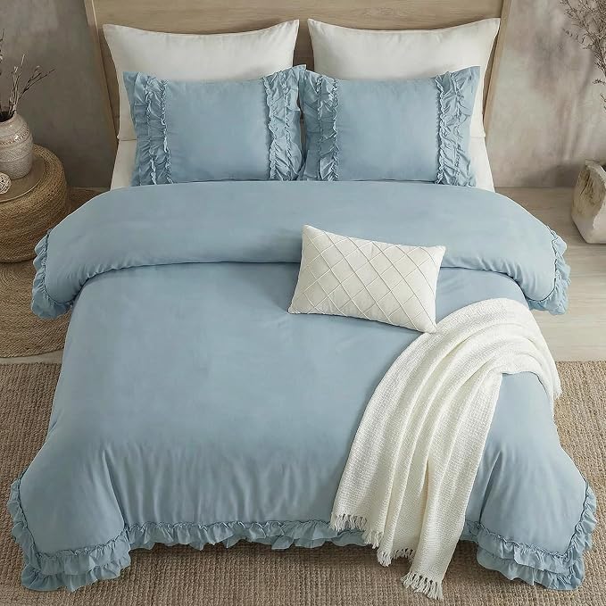 Grayish Blue Duvet Cover Queen Vintage Ruffled Bedding Shabby Chic Boho Bedroom Decor Super Soft All Season Ruffle Duvet Cover Set