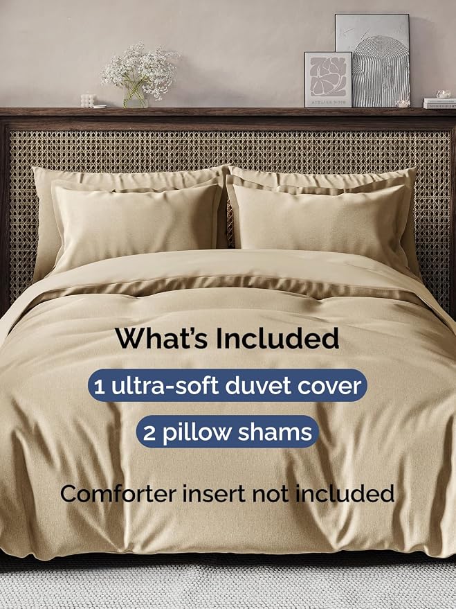 Duvet Cover Cal King Size - 3 Piece with Zipper Closure - Heathered Tan | Extra Soft, Breathable, Cal King Duvet Cover 104" x 98" with 2 Pillow Shams, Zipper Closures & Ties, Women, Men, Kids & Teens