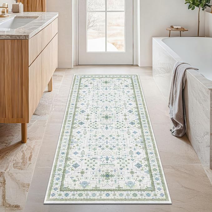 Washable Oushak Bathroom Runner Rug 2x5 - Eclectic Boho Floral Pastel, Non Slip Low Pile Stain Resistant Small Throw Rug for Bedroom, Laundry Room, Powder Room, Cream Green