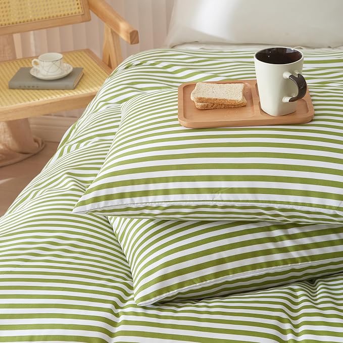 LifeTB Striped Comforter Set Full Size 3 Piece Soft Fluffy Green White Stripes Pattern Printed Bedding Set Lightweight Breathable Comforter Set Farmhouse Striped Bedding Comforter with 2 Pillowcases