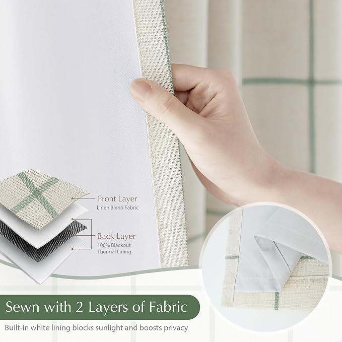 DriftAway 100% Blackout Plaid Linen Curtains W52xL96 Loden Green | 100% Blackout, Linen Texture, Plaid Pattern, Two Layers, Rod Pocket & Back Tab, Bedroom Living Room Use, Luxury Appearance