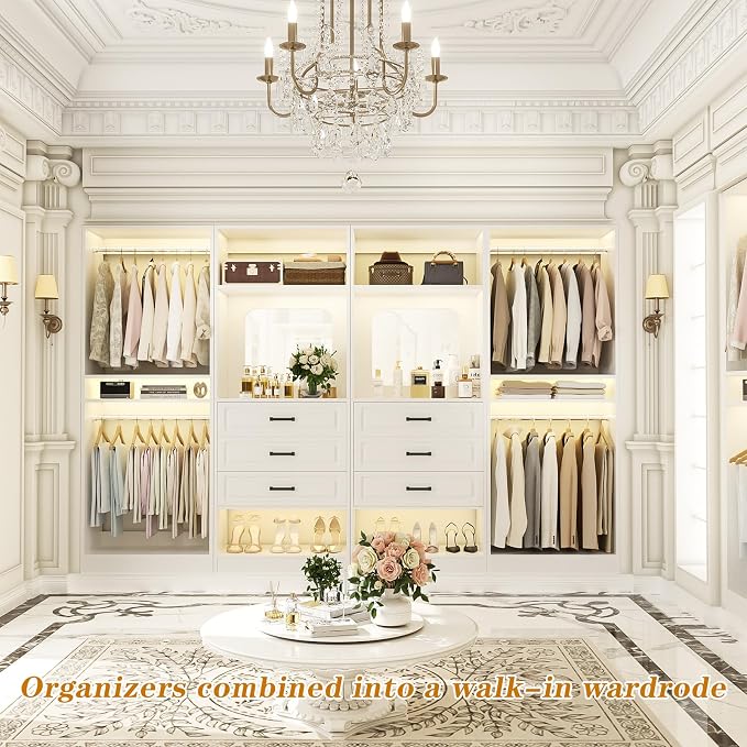 Unikito Closet System, 100" Closet Organizer with Drawers & Mirrors, White | Large Wood Walk-in Closet Wardrobe Organizer with Hanging Rods & Adjustable Shelves, Sturdy Freestanding Garment Rack Tower