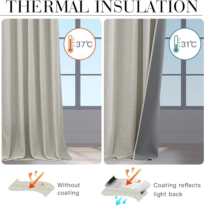 RYB HOME Cream 100% Blackout Linen Curtains 72 inch Long, Thermal Insulated & Privacy Assurd Drapes for Bedroom/Office/Nursery, Rod Pocket & Back Tab Window Treatment, W52 X L72, 2 Panels