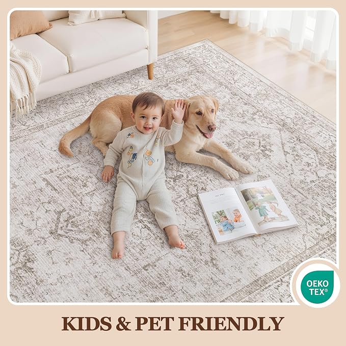 9x12 Washable Area Rugs for Living Room Beige Brown Non-Slip Rug | Vintage Medallion Rug，Soft Low Pile Large Rugs，Indoor Retro Carpet for Bedroom Nursery Dining Table Farmhouse Home Office
