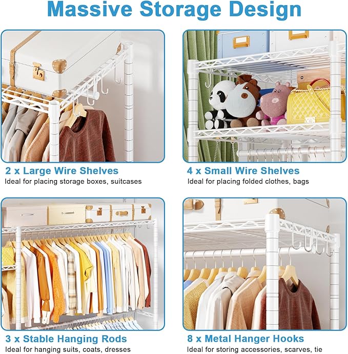 Ulif F7 Plus Clothes Rack, Clothing Racks for Hanging Clothes, White | Heavy Duty Garment Rack, 6-Tiers Freestanding Portable Closet Storage Racks 68'' W × 14.6'' D × 76.6'' H, Max Load 850 Lbs