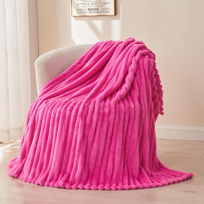 NEWCOSPLAY Fleece Ribbed Cozy King Blanket for Couch, Hot Pink, 90"x110" | Premium Silky Flannel Blanket, Soft Lightweight Fluffy Throw Blanket for Bed Sofa Decor, Gift for All Season Use