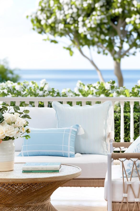 Hofdeco Premium Coastal Patio Indoor Outdoor Lumbar Pillow Cover Only, 12"x20" Water Repellent for Backyard, Couch, Baby Blue Embroidered Line Frame