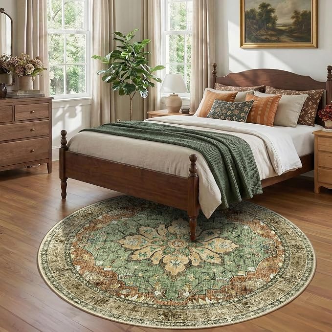 RELEANY Washable Area Rug, Round 7ft, Brick/Brown/Green | Non-Slip, Water Repellent, Pet Friendly, Easy to Clean, Vintage Floral Boho Decor for Living Room Bedroom Dining Room