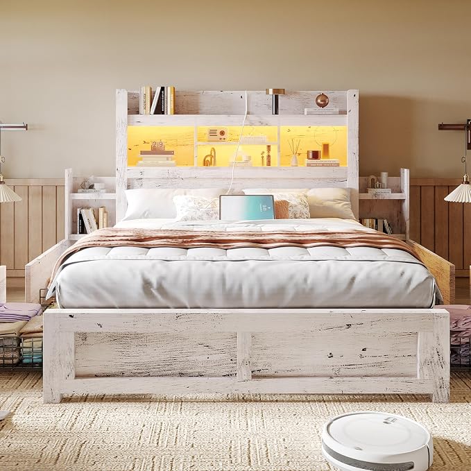 LUXOAK Full Bed Frame with Storage, Bookcase Headboard, Distressed White | 49.6" Headboard, Wood Platform Bed, Charging Station, Bedside Storage, 4 Storage Drawers, No Box Spring Needed, Farmhouse