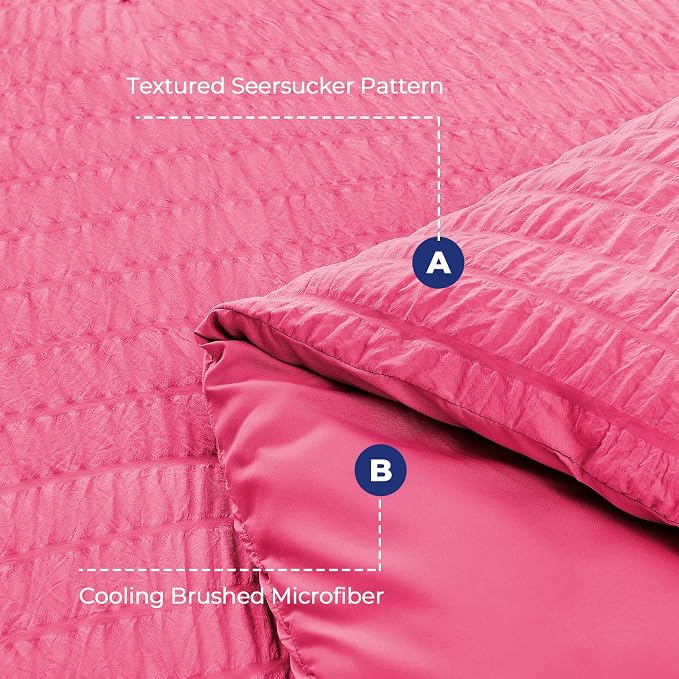 HYMOKEGE Hot Pink Duvet Cover Queen Size, Ultra Soft 3-Piece Seersucker Duvet Cover Set with Zipper Closure, Soft Brushed Microfiber Bedding Set with 8 Corner Ties (90"x90", 2 Pillowshams)