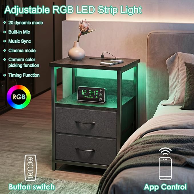 Fixwal Night Stand with Charging Station, Black Led Nightstand, 2 Drawers | fabric drawer, built-in bedside charger, 2 AC outlets & 2 USB ports, open top shelf, small bedroom furniture, end table