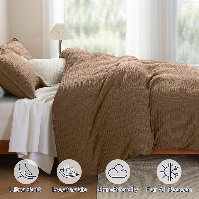 PHF Soft Waffle Duvet Cover King Size- Durable Breathable Waffle Weave Duvet Cover(104"x90") with 2 Pillow Shams, 3 Pieces Luxury Textured Bedding Set for All Season, Mocha
