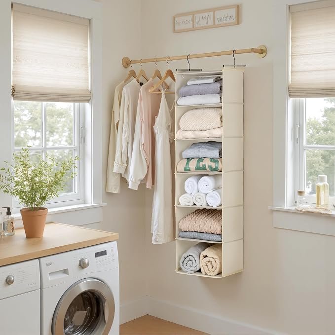 GRANNY SAYS 6-Shelf Hanging Closet Organizer, Foldable Storage, Beige | No-Sag Support, Keeps Clothes Neat, Folds Flat, Fits RV, Dorm & Small Closets