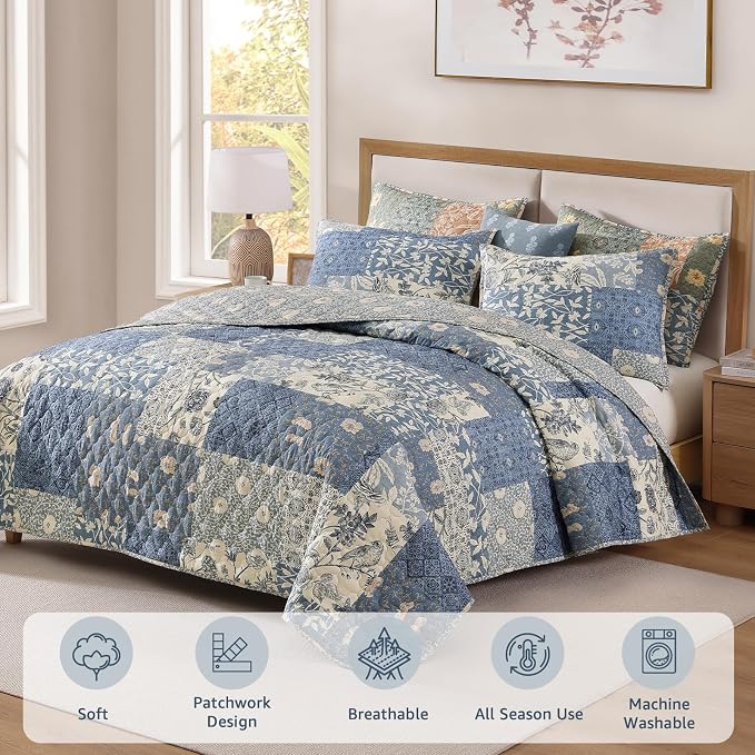 King Size Quilt Set-3 Pieces Soft King Bedspread Floral Patchwork Quilt | Lightweight Blue Quilt, Reversible Vintage Floral Bedding Set, All Seasons Bed Coverlet with 2 Pillow Shams, 106"x94"