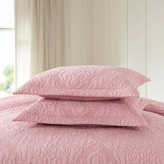 Quilt Bedspread Set, Pink Jacquard Embossed Floral Pattern Reversible Embroidered Microfiber Coverlet Sets, Queen Size